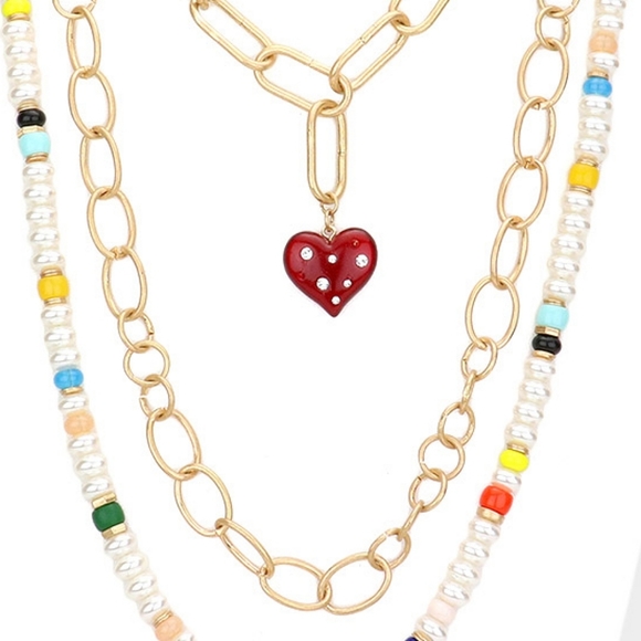 Red Gold Heart Pendant Link Necklace Chain Triple Layered Pearl Beaded Statement - Picture 3 of 3